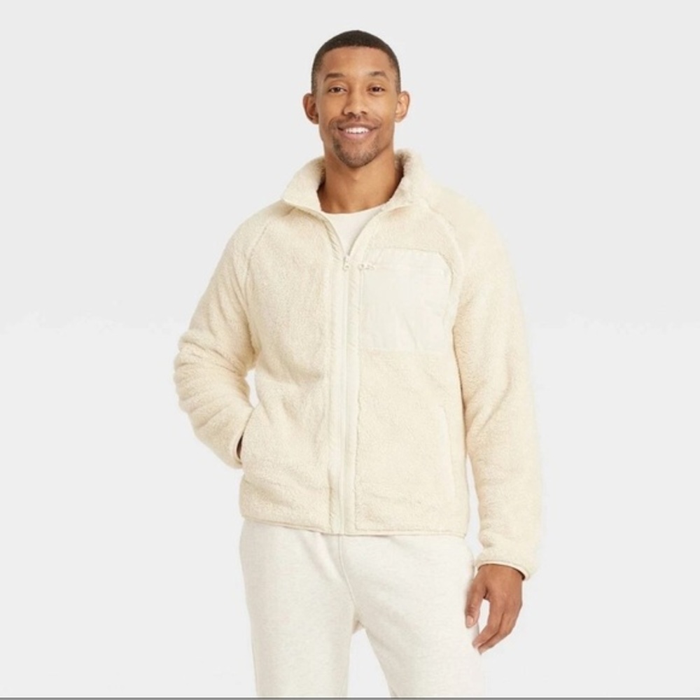 Goodfellow & Co Mens Unisex Cream Sherpa Zip Up Pocket Jacket Mock Neck L/XL